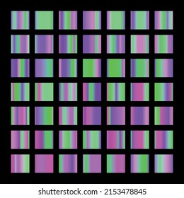 Metalic gradient collection with shiny rainbow hologram. Holographic foil texture, green, blue, yellow, pink gradation. Vector set for frame, ribbon, border, other design.