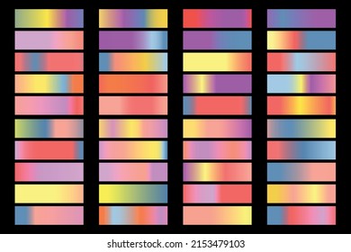 Colección de gradientes metálicos con holograma brillante de arco iris. Textura holográfica de la lámina, verde, azul, amarillo, rosa gradación. Conjunto de vectores para marco, cinta, borde, otro diseño.