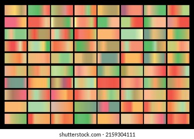 Colección de gradientes metálicos con holograma brillante de arco iris. Textura holográfica de la lámina, verde, azul, amarillo, rosa gradación. Conjunto de vectores para marco, cinta, borde, otro diseño.