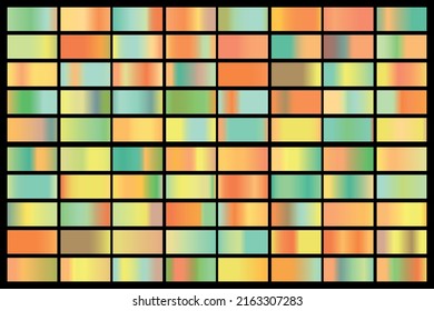 Colección de gradientes metálicos con holograma brillante de arco iris. Textura holográfica de la lámina, verde, azul, amarillo, rosa gradación. Conjunto de vectores para marco, cinta, borde, otro diseño.