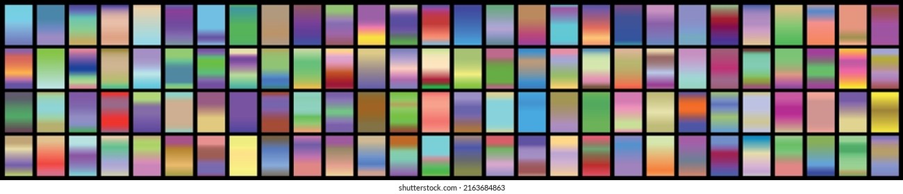 Colección de gradientes metálicos con holograma brillante de arco iris. Textura holográfica de la lámina, verde, azul, amarillo, rosa gradación. Conjunto de vectores para marco, cinta, borde, otro diseño.