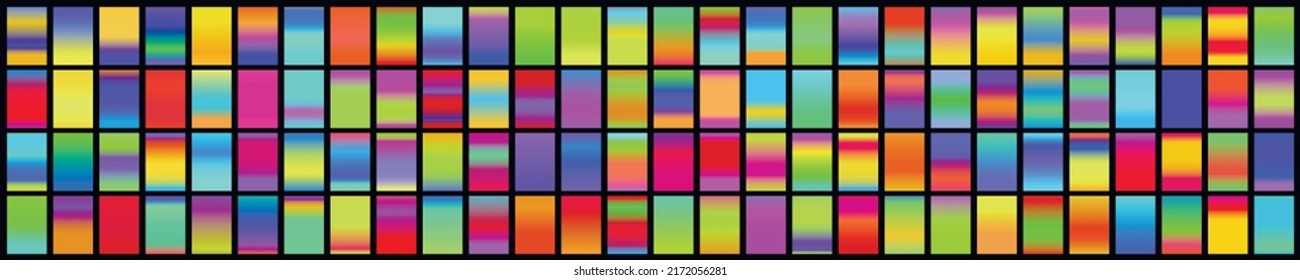 Metalic gradient collection with shiny rainbow hologram. Holographic foil texture, green, blue, yellow, pink gradation. Vector set for frame, ribbon, border, other design.