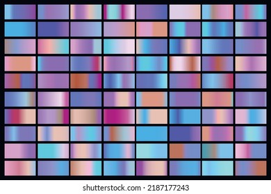 Metalic gradient collection with shiny rainbow hologram. Holographic foil texture, green, blue, yellow, pink gradation. Vector set for frame, ribbon, border, other design.