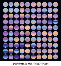 Colección de gradientes metálicos con holograma brillante de arco iris. Textura holográfica de la lámina, verde, azul, amarillo, rosa gradación. Conjunto de vectores para marco, cinta, borde, otro diseño.