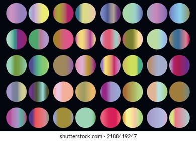 Metalic gradient collection with shiny rainbow hologram. Holographic foil texture, green, blue, yellow, pink gradation. Vector set for frame, ribbon, border, other design.