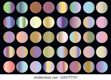 Colección de gradientes metálicos con holograma brillante de arco iris. Textura holográfica de la lámina, verde, azul, amarillo, rosa gradación. Conjunto de vectores para marco, cinta, borde, otro diseño.