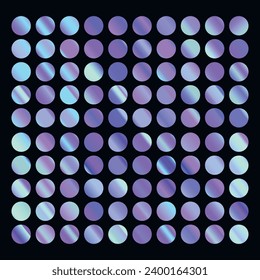Colección de gradientes metálicos con holograma brillante de arco iris. Textura holográfica de la lámina, verde, azul, amarillo, rosa gradación. Conjunto de vectores para marco, cinta, borde, otro diseño.