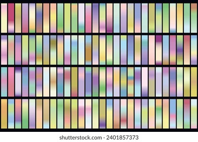 Metalic gradient collection with shiny rainbow hologram. Holographic foil texture, green, blue, yellow, pink gradation. Vector set for frame, ribbon, border, other design.