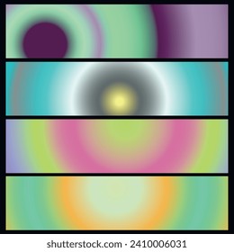 Colección de gradientes metálicos con holograma brillante de arco iris. Textura holográfica de la lámina, verde, azul, amarillo, rosa gradación. Conjunto de vectores para marco, cinta, borde, otro diseño.