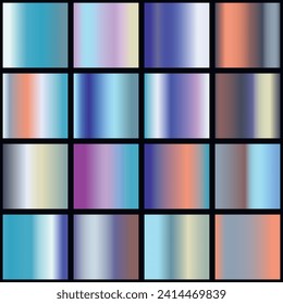 Metalic gradient collection with shiny rainbow hologram. Holographic foil texture, green, blue, yellow, pink gradation. Vector set for frame, ribbon, border, other design.