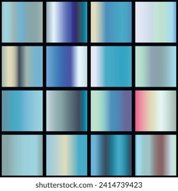 Metalic gradient collection with shiny rainbow hologram. Holographic foil texture, green, blue, yellow, pink gradation. Vector set for frame, ribbon, border, other design.