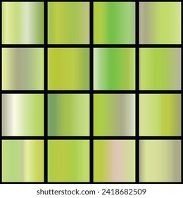 Colección de gradientes metálicos con holograma brillante de arco iris. Textura holográfica de la lámina, verde, azul, amarillo, rosa gradación. Conjunto de vectores para marco, cinta, borde, otro diseño.