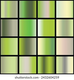 Metalic gradient collection with shiny rainbow hologram. Holographic foil texture, green, blue, yellow, pink gradation. Vector set for frame, ribbon, border, other design.