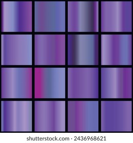 Metalic gradient collection with shiny rainbow hologram. Holographic foil texture, green, blue, yellow, pink gradation. Vector set for frame, ribbon, border, other design.