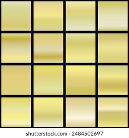 Metalic gradient collection with shiny rainbow hologram. Holographic foil texture, green, blue, yellow, pink gradation. Vector set for frame, ribbon, border, other design.