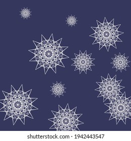 Fondo Metálico Gris Frío de Invierno Mandala. Patrón de impresión violeta morado de las estrellas. Caótica Navidad Oscura Misterio De La Composición De Los Copos De Nieve. Noche Nueva Noche Lujo Blanco Plata Fondo Sky.