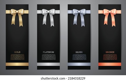  Metalic ribbon in black banner, Gold, Platinum, Silver, Bronze, Vector illustration.