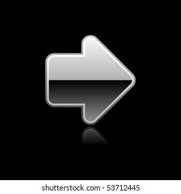 Metalic silver internet web button arrow symbol sign. Single object with reflection on black background