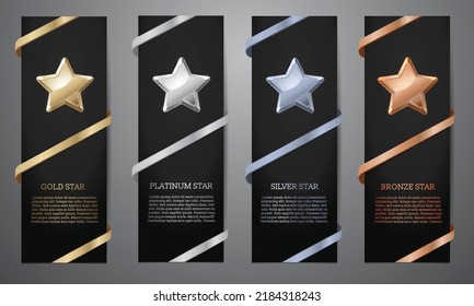  Metalic star in black banner, Gold, Platinum, Silver, Bronze, Vector illustration.