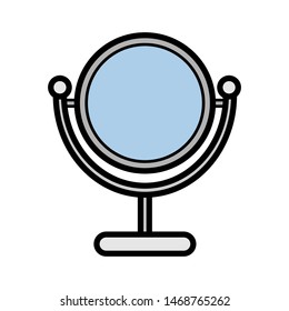 Metall flat icon is a simple fashionable glamorous round mirror for applying two-sided makeup with the effect of fitting with a magnifying glass for beauty guidance. Vector illustration