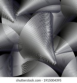 Metallic 3d abstract vector seamless pattern. Ornamental flowing swirl shapes background. Spiral line art surface 3d ornaments. Metal textured geometric repeat backdrop. Modern striped spirals design.