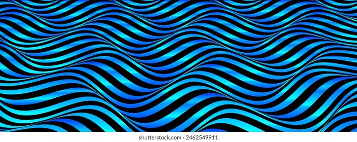 Metallic 3D blue waves flowing horizontally background. Marine vector pattern with stylized blue waves. Luxury water waves background design for banner, wallpaper, print, cover, website. Vector EPS10.