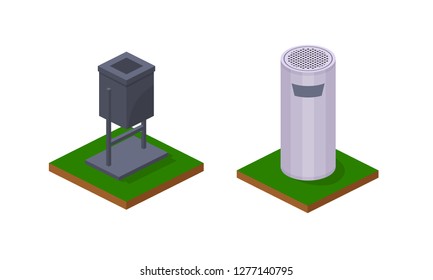 Metallic 3d city urns, for garbage and cigarette butts. Street garbage cans in shape of cylinder with lid and square. Map element, with grass, earth, landscape. Isometric vector, city constructor.