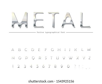Metallic 3d font. Classic silver colored ABC letters and numbers. Elegant metal alphabet. Vector