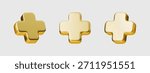 Metallic 3D plus sign gold vector geometric shape element. Metallic 3D plus sign gold geometric shape isolated background. Shape element graphic illustration template.