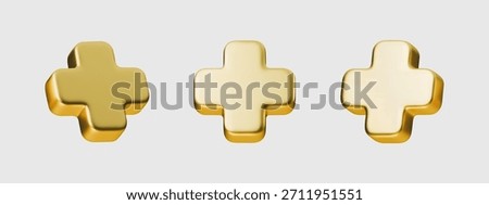 Metallic 3D plus sign gold vector geometric shape element. Metallic 3D plus sign gold geometric shape isolated background. Shape element graphic illustration template.