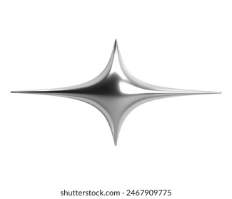 Metallic abstract chrome star shape with smooth curves in y2k style. 3D rendering, vector isolated. Glossy shiny surface with a sparkle effect. Retro futuristic design element for posters, banners