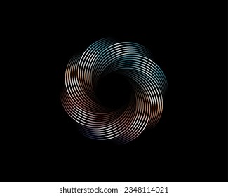 Abstracto metálico Vortex flor, diseño del logo de círculos geométricos vectoriales aislado sobre fondo negro. Tecnología redonda en elementos de color de olas