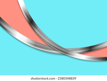 Metallic abstract waves on a pastel pink and blue background. Artistic punchy pastel minimalism. Vector modern minimal design