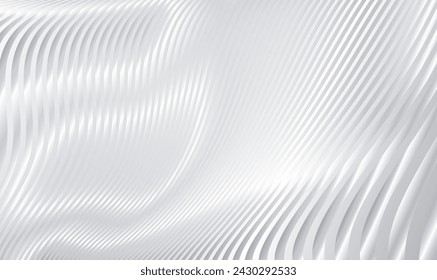 Metallic abstract wavy stripes background. Shiny metal striped surface. Abstract futuristic white silver architecture background. Modern design with wavy pattern. Futuristic interior concept. Vector.