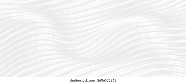 Metallic abstract wavy stripes background. Shiny metal striped surface. Abstract futuristic white silver architecture background. Modern design with wavy pattern. 
