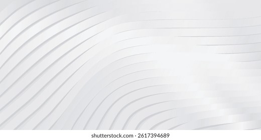 Metallic abstract wavy stripes background. Shiny metal striped surface. Abstract futuristic white silver architecture background. Modern design with wavy pattern. Futuristic interior concept.