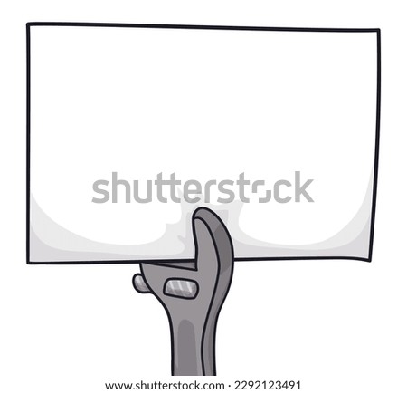 Metallic adjustable spanner or wrench gripping a blank paper. Template in cartoon style on white background.