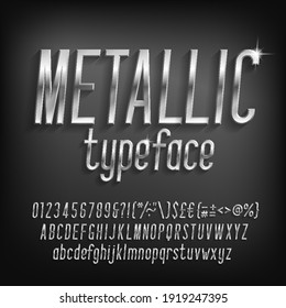 Metallic alphabet font. Beveled chrome letters, numbers and punctuation with shadow. Stock vector typeface for your typography design.