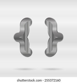 Metallic alphabet. Set of stainless 3d letters. Vector punctuation mark curly braces.