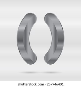 Metallic alphabet. Set of stainless 3d letters. Vector punctuation mark parentheses.
