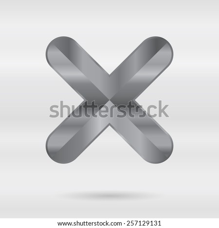 Metallic alphabet. Set of stainless 3d letters. Vector punctuation mark - check cross.