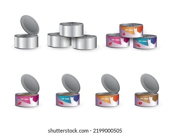 Metallic aluminum tin cans - can mockups with cat food labels with pull ring and the same ones cans  without labels open and closed isolated on white background. Vector 3D Illustration.