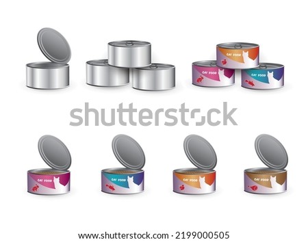 Metallic aluminum tin cans - can mockups with cat food labels with pull ring and the same ones cans  without labels open and closed isolated on white background. Vector 3D Illustration.