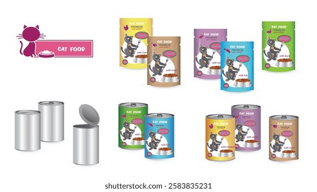 Metallic aluminum tin cans with pull ring and packs with cat food labels and open and closed cans without labels isolated on white background. Canned cat food packaging design 3D vector mockup set.