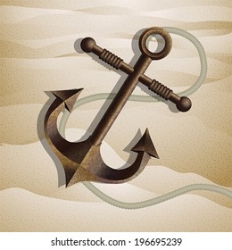 Metallic anchor on the sand. Vector.