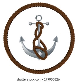 Metallic anchor with a rope on white background.