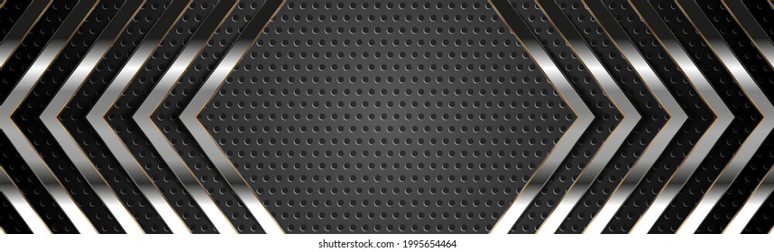 Metallic arrows on dark perforated background vector banner design