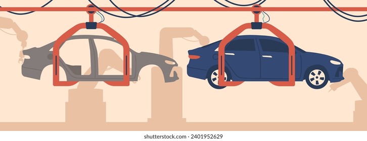 Die Metallmontagelinie wird wie Autos am Werksgelände geglänzt, Roboter arbeiten mit synchronisierter Präzision