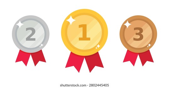 Metallic Award Badges collection. 1st, 2nd, 3rd Place. Gold, Silver, Bronze Medal vector set. Badge elements with Red Ribbon.