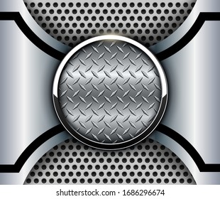Metallic background 3D with shiny button and diamond plate metal texture, vector design.